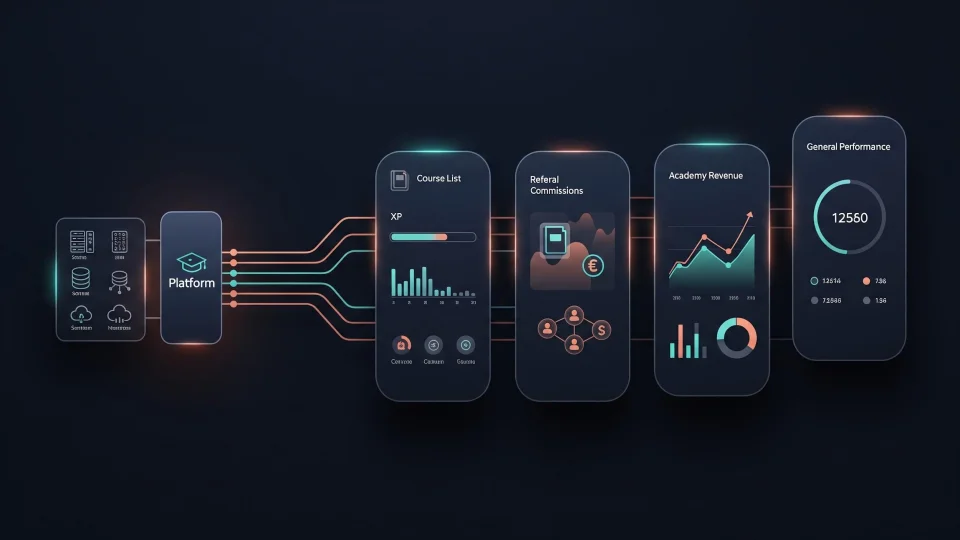Finura platform sending XP, commissions, and revenue metrics into four role-based dashboards